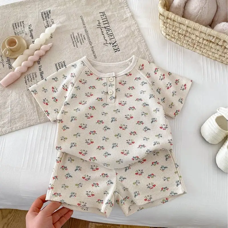 【73-120】夏新作 BABY 通気性 かわいいフルーツワッフルセットアップ
